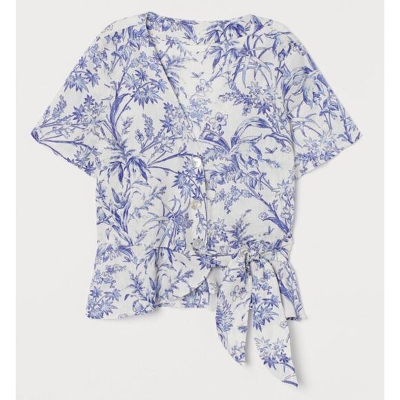 H&M 100% Linen Botanical Floral & Birds Print Wrap Blouse Top Size Medium - Picture 1 of 4